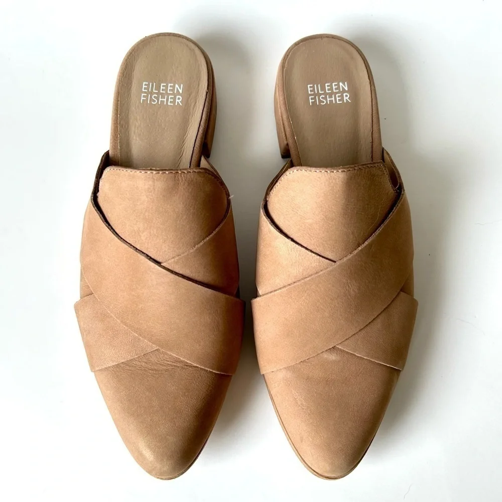 Eileen Fisher Bauer Tumbled Nubuck Mule Tan Leather Crisscross Flat Slide Size 6
